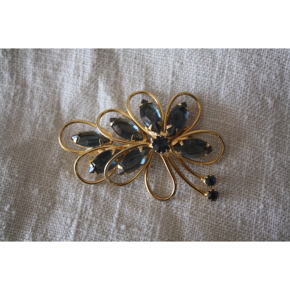 Vintage Gold Tone~ Brooch w/ Blue Navettes Marquise Rhinestone Pin  Mid Century